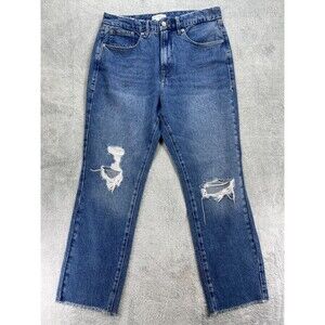 Good American Jeans Womens 12/31 Blue Denim Distressed Frayed Hem Retro Straight